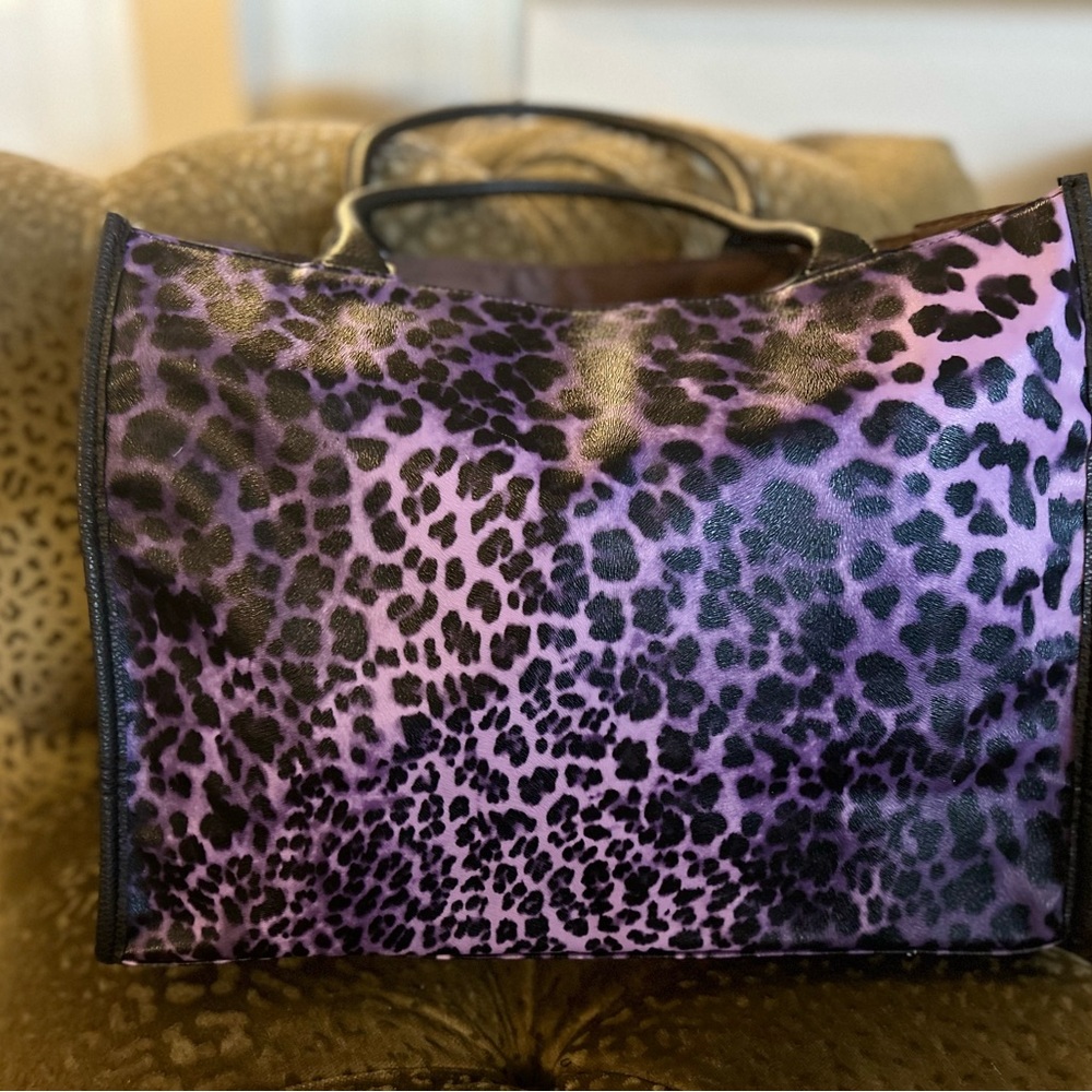 Purple leopard print vinyl/pleather Neiman Marcus tote
